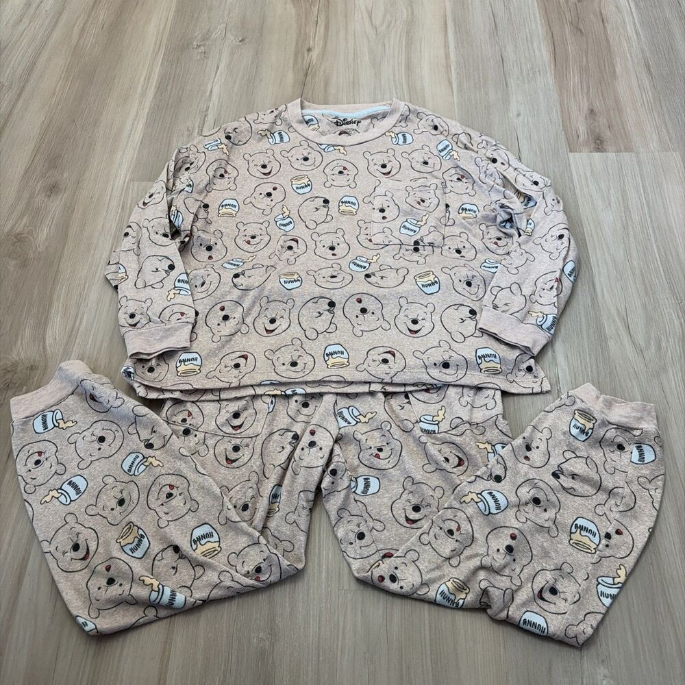 Disney Winnie The Pooh Pajama Set Women Sz Med 8/10 Tan Jogger Cozy 2 Piece Set